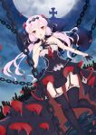  1girl absurdres black_boots black_dress black_gloves boots chain cloud cloudy_sky commentary cross_(weapon) dress flower full_moon gloves hair_flower hair_ornament highres honkai_(series) honkai_impact_3rd long_hair looking_at_viewer moon night open_mouth outdoors petals red_eyes red_flower red_rose rose sky solo strapless strapless_dress theresa_apocalypse theresa_apocalypse_(luna_kindred) thigh_boots twintails white_hair yichuanxue 