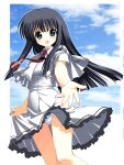  1girl absurdres black_hair blue_eyes blue_sky capelet commentary english_commentary frilled_skirt frills highres kita_high_school_uniform_(subarashiki_hibi) long_hair looking_at_viewer necktie open_mouth outdoors panties pantyshot red_necktie satokocel school_uniform shirt sidelocks skirt sky smile solo subarashiki_hibi takashima_zakuro underwear white_capelet white_panties white_shirt white_skirt wind wind_lift 