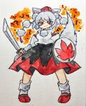  1girl :3 animal_ears black_skirt closed_mouth colored_skin commentary detached_sleeves full_body grey_hair hat highres holding holding_shield holding_sword holding_weapon inubashiri_momiji key747h long_sleeves looking_at_viewer multicolored_skin pom_pom_(clothes) red_eyes red_hat red_shoes red_skirt shield shirt shoes short_hair skirt sleeveless sleeveless_shirt socks solo sword tail top_hat touhou traditional_media two-tone_skin weapon white_shirt white_socks wolf_ears wolf_girl wolf_tail 