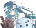  1girl aqua_hair bare_shoulders blue_eyes collar commentary_request detached_collar eyes_visible_through_hair fins flower genshin_impact grin hair_flower hair_ornament head_fins highres long_hair looking_at_viewer sidelocks simple_background smile solo upper_body vodyanitsa_(genshin_impact) white_background white_collar white_flower yakousei_ookami 