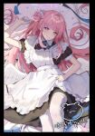  1girl alternate_costume angel_wings apron black_dress blue_archive blush chunsick_lee clothes_lift commentary_request dress dress_lift enmaided feathered_wings frilled_apron frills grin hair_bun halo korean_commentary looking_at_viewer low_wings lying maid mika_(blue_archive) on_back pink_hair pink_halo puffy_short_sleeves puffy_sleeves short_sleeves single_side_bun smile solo thighhighs white_apron white_thighhighs white_wings wings yellow_eyes 
