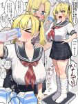  >_< 2girls blonde_hair blue_nails blush breasts commentary_request drink_carton drinking earrings eyes_visible_through_hair fang gyaru hand_on_own_hip highres jewelry kuromasu lactation lactation_through_clothes large_breasts long_hair loose_socks milk milk_carton multiple_girls multiple_views nishikawa_erina_(kuromasu) open_mouth oppai_loli original pleated_skirt school_uniform serafuku skirt socks speech_bubble sweat translation_request twintails wet wet_clothes 