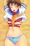  arms_up blue_sailor_collar breasts brown_hair closed_eyes covered_nipples gloves headband highres kasugano_sakura large_breasts navel open_mouth panties sailor_collar school_uniform serafuku short_hair solo street_fighter striped striped_panties thighs torn_clothes underboob underwear wide_hips yoko_juusuke 