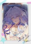  1girl absurdres bikini blue_eyes blue_hair breasts chinese_commentary cleavage collarbone commentary_request hair_intakes hair_ornament halo head_wings highres honkai:_star_rail honkai_(series) jewelry large_breasts long_hair looking_at_viewer necklace official_alternate_costume parted_lips polaroid_photo robin_(honkai:_star_rail) robin_(summeretto)_(honkai:_star_rail) signature solo starfish_hair_ornament swimsuit upper_body white_bikini white_wings wings youjiang 