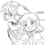  1boy 1girl animal animal_on_head capelet commentary_request dress earrings goggles goggles_on_head grandia grandia_i greyscale hat highres jewelry justin_(grandia) kii_iro long_hair monochrome on_head open_mouth puui_(grandia) scarf sketch smile sphere_earrings sue_(grandia) 
