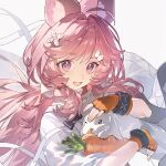  1girl :d absurdres ahoge animal animal_ear_fluff animal_ears arknights carrot chinese_commentary commentary_request fingerless_gloves gloves hair_between_eyes hair_intakes highres holding holding_animal holding_rabbit infection_monitor_(arknights) long_hair looking_at_viewer lushi_jin_up open_mouth orange_gloves pink_eyes pink_hair rabbit rabbit_ears rabbit_girl smile solo thumpy_(arknights) upper_body white_background white_rabbit_(animal) 