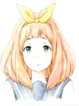  1girl :o absurdres aqua_eyes bbmasa blue_sailor_collar bow commentary_request hair_bow hibike!_euphonium highres kitauji_high_school_uniform looking_at_viewer medium_hair orange_hair portrait sailor_collar school_uniform simple_background solo traditional_media white_background yellow_bow yoshikawa_yuuko 