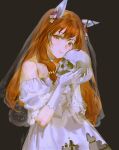  1girl animal_ears artist_name bare_shoulders black_background bridal_veil bride brown_hair choker closed_mouth cowboy_shot dated detached_sleeves dress elbow_gloves english_commentary eyelashes flower gloves hair_between_eyes hair_flower hair_ornament hands_up highres holding holding_skull horse_ears horse_girl long_hair looking_at_viewer multicolored_hair orange_eyes owo436723338067 puffy_detached_sleeves puffy_short_sleeves puffy_sleeves red_flower see-through_clothes see-through_veil short_sleeves signature simple_background single_sidelock skull sleeveless sleeveless_dress solo standing still_in_love_(umamusume) strapless strapless_dress streaked_hair tassel tassel_hair_ornament torn_clothes torn_dress umamusume veil wavy_hair wedding_dress white_choker white_dress white_gloves white_hair yandere yellow_flower 