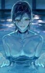  1girl beckoning black_choker black_hair blue_light chainsaw_man choker commentary_request green_eyes hands_up highres i'll_teach_you_everything_(chainsaw_man) kt_615 night partially_submerged pool reaching reaching_towards_viewer reze_(chainsaw_man) smile topless_female upper_body 