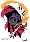  aiming aiming_at_viewer arm_cannon cape character_name commentary_request copyright_name creature creature_focus digimon digimon_(creature) digimon_adventure legs_apart mecha no_humans omegamon red_cape robot two-sided_cape two-sided_fabric weapon white_cape zakkizaki 
