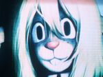  1girl :3 absurdres animal_ears animal_nose antlers artist_name black_eyes blonde_hair buck_teeth chronocrump collared_shirt commentary crt dark deer_ears deer_girl deltarune english_commentary freckles furry furry_female goat_girl goat_horns green_fur green_hair green_sweater hair_between_eyes highres horns long_hair looking_at_viewer noelle_holiday scanlines shirt sidelocks smile snout solo sweater teeth utdr_(toby_fox) white_fur white_shirt wing_collar 