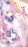  1girl :d absurdres animal_ear_fluff animal_ears bag bare_shoulders blue_bow blue_hat blue_sailor_collar bow bowtie cat_ears cat_girl cat_tail chinese_commentary commentary_request double_horizontal_stripe dress feet frilled_sailor_collar frills full_body glasses green_eyes hair_between_eyes hair_bow hair_intakes hat highres knees_up long_hair ningmeng_jing_jing_jing_jing no_shoes one_side_up open_mouth original pink_bow pink_bowtie pink_hair round_eyewear sailor_collar sailor_dress short_sleeves sitting smile solo tail thighhighs toes white_dress white_thighhighs 