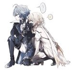  ! 1boy 1girl ahoge bare_back bare_shoulders belt black_belt black_boots black_choker black_gloves black_jacket blonde_hair blue_jacket blue_vest boots bow braid buttons cape choker collared_shirt covering_another's_mouth detached_sleeves dress earrings empty_eyes from_side full_body genshin_impact gloves gradient_hair green_hair hair_between_eyes hair_bow half-closed_eyes half_up_braid hand_on_another's_face hand_up highres jacket jewelry juliet_sleeves lapels lohen_(genshin_impact) long_sleeves looking_to_the_side lumine_(as_heaven_and_earth_are_made_anew)_(genshin_impact) lumine_(genshin_impact) multicolored_hair official_alternate_costume official_alternate_hairstyle on_one_knee open_clothes open_jacket open_mouth pale_skin pants puffy_sleeves purple_eyes say0_03 shirt short_hair sidelocks single_earring sleeveless sleeveless_dress speech_bubble spoken_exclamation_mark spread_legs streaked_hair sweatdrop thigh_boots thigh_strap two-sided_fabric two-sided_jacket vest white_bow white_cape white_dress white_hair white_pants white_shirt white_sleeves wide_sleeves yellow_eyes 