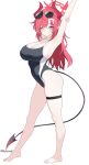  1girl alternate_costume arm_behind_head armpits arms_up artist_name barefoot blue_archive breasts cleavage commentary_request commission covered_navel demon_horns demon_tail eyewear_on_head halo harurou_(harurouii) highleg highleg_one-piece_swimsuit highres horns large_breasts looking_at_viewer megu_(blue_archive) one-piece_swimsuit one_eye_closed pointy_ears red_hair red_halo red_horns solo stretching sunglasses swimsuit tail thigh_strap white_background 
