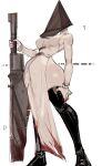  1girl absurdres black_boots blood blood_on_clothes blood_on_hand blood_on_weapon boots breasts commentary_request dress full_body genderswap genderswap_(mtf) gloves great_knife helmet highres holding holding_weapon object_head pyramid_(geometry) pyramid_head silent_hill_(series) silent_hill_2 simple_background solo thigh_boots usa37107692 weapon white_background white_dress white_gloves 