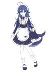  1girl absurdres ahoge alternate_costume animal_ears apron blue_eyes blue_hair bow bowtie chinese_commentary colored_skin commentary_request deepseek deepseek-tan dress enmaided fins fish_tail frills full_body hair_between_eyes highres long_hair long_sleeves looking_at_viewer maid maid_apron maid_headdress mary_janes pale_skin pointy_ears shoes simple_background socks solo tachi-e tail virtual_youtuber white_background white_skin xiaoye_hokai 