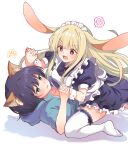  2girls absurdres animal_ears black_dress blonde_hair blue_jacket blush brown_eyes cho_kaguya-hime! commentary dress fang fox_ears fox_girl green_eyes highres holding_hands huleito interlocked_fingers jacket kaguya_(cho_kaguya-hime!) kaguya_(tsukuyomi)_(cho_kaguya-hime!) long_hair maid maid_headdress multiple_girls no_shoes open_mouth rabbit_ears rabbit_girl sakayori_iroha sakayori_iroha_(tsukuyomi) sidelocks skin_fang straddling sweatdrop thighhighs white_thighhighs white_wrist_cuffs wrist_cuffs yuri 