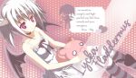  1girl bat_(animal) bat_wings blush breasts character_profile collar demon demon_girl dress fang frills heart highres horns lycka_fladdermus original pale_skin pig pink_background pink_eyes polka_dot polka_dot_background ribbon short_twintails simple_background sitting skinny skirt small_breasts small_horns sodesku striped_clothes striped_thighhighs tail thighhighs twintails white_hair wings 