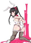  1girl absurdres animal_ear_hairband animal_ears armpit_crease ass bare_arms bare_shoulders black_hair black_thighhighs blunt_bangs blunt_ends bow bowtie breasts collar commentary_request covered_kneepits detached_collar fake_animal_ears fake_tail floating_hair frilled_thighhighs frilled_wrist_cuffs frills from_behind full_body hair_ribbon hairband high_heels highleg highleg_leotard highres kneeling leotard long_hair looking_at_viewer looking_back nbg067149991176 parted_lips petite pink_bow pink_bowtie pink_eyes pink_ribbon playboy_bunny rabbit_ear_hairband rabbit_ears rabbit_tail ribbon senki_zesshou_symphogear shoes sidelocks small_breasts solo strapless strapless_leotard tail thighhighs traditional_bowtie tsukuyomi_shirabe twintails two-tone_background white_background white_collar white_leotard white_shoes white_wrist_cuffs wrist_cuffs 