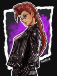  1girl alternate_costume artist_name belt black_choker black_jacket black_pants braid breasts choker commentary crimson_viper dark-skinned_female dark_skin fingerless_gloves from_side gloves hand_in_pocket hands_in_pockets highres jacket leather leather_jacket leather_pants lips lipstick long_hair looking_at_viewer makeup open_clothes open_jacket pants pompadour punk red_hair single_braid smile solo street_fighter street_fighter_iv_(series) studded_belt studs sunglasses to-ru very_long_braid 
