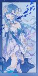 1girl :d absurdres ahoge aqua_hair bare_shoulders blue_eyes blue_hair chinese_commentary commentary_request detached_sleeves dress fins fish flower genshin_impact hair_flower hair_ornament hair_over_one_eye head_fins highres long_hair long_sleeves looking_at_viewer multicolored_hair open_mouth pearl_hair_ornament purple_hair sandals smile solo standing standing_on_one_leg vodyanitsa_(genshin_impact) white_dress white_flower zheyan_yuechan 