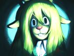  1girl :3 animal_ears animal_nose antlers artist_name black_eyes blonde_hair buck_teeth chronocrump collared_shirt commentary dark deer_ears deer_girl deltarune english_commentary freckles furry furry_female goat_girl goat_horns green_fur green_hair green_sweater hair_between_eyes highres horns long_hair looking_at_viewer noelle_holiday shirt sidelocks smile snout solo sweater teeth utdr_(toby_fox) white_fur white_shirt wing_collar 