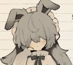  1girl animal_ears black_bow black_bowtie blush bow bowtie closed_mouth collared_shirt commentary_request covered_eyes dot_mouth frilled_shirt frilled_shirt_collar frills grey_hair hair_over_eyes hand_on_own_chin long_hair long_sleeves maid_headdress original portrait rabbit_ears rabbit_girl sakutake_(ue3sayu) shirt white_background white_shirt 