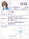  1girl anime_coloring blue_jacket blush bob_cut brown_hair character_age character_name character_profile clenched_hand collarbone dot_nose furigana graph hair_over_one_eye hands_up height hexagon jacket komurasaki_momoka laugh_diamond long_sleeves looking_at_viewer official_art one_eye_covered open_mouth parted_bangs partially_translated portrait print_jacket radar_chart second-party_source shine_post shirt short_hair sleeves_past_wrists smile solo star_(symbol) star_print three_sizes track_jacket translation_request white_shirt 