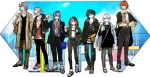  1girl 6+boys ahoge bag black_dress black_pants black_shirt blonde_hair blue_bag blue_hair blue_shoes blue_sky brown_coat brown_shoes closed_mouth coat collarbone collared_shirt crossdressing crossdressing_(mtf) cup disposable_coffee_cup disposable_cup dress expressionless full_body glasses green_eyes grey_hair headphones headphones_around_neck holding holding_cup holding_strap hood hood_down hooded_jacket jack_jeanne jack_jeanne_4th_anniversary jacket loafers long_hair looking_over_eyewear multiple_boys mutsumi_kai neji_kokuto official_art open_clothes open_coat open_jacket orimaki_suzu pants profile purple_hair red_eyes red_hair shirota_mitsuki shirt shoes sky smile standing streetwear striped_clothes striped_shirt tachibana_kisa takashina_sarafumi tinted_eyewear white_hair white_shirt yellow-tinted_eyewear yellow_bag yonaga_soshiro 