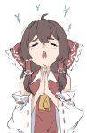  1girl ascot bow brown_hair chinese_commentary closed_eyes commentary_request detached_sleeves dollar_sign frilled_bow frilled_hair_tubes frills fuzi3535 hair_bow hair_tubes hakurei_reimu long_hair open_mouth own_hands_together palms_together praying red_bow ribbon-trimmed_sleeves ribbon_trim simple_background solo tearing_up touhou white_background yellow_ascot yen_sign 