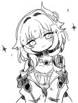  1girl breasts cleavage coat commentary cyrene_(honkai:_star_rail) cyrene_(philia093)_(honkai:_star_rail) dress greyscale hair_ornament highres honkai:_star_rail honkai_(series) jewelry looking_at_viewer medium_hair monochrome necklace nenetco37 simple_background small_breasts smile solo 