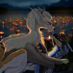 2_horns candle candlelight claws crown dragon duo ears_back european_mythology eyes_closed female feral fur fur_markings grass half-closed_eyes hamham5 happy headgear hi_res horn lake light lighting looking_at_another love male markings mythological_creature mythological_scalie mythology narrowed_eyes pivoted_ears plant ring scalie smile smiley_face spikes spikes_(anatomy) tuono_(tuono660) western_dragon white_body white_fur wings
