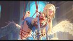  1girl absurdres arms_behind_back bare_shoulders barefoot blonde_hair blue_eyes blush cartethyia_(wuthering_waves) commentary commission earrings english_commentary feathered_wings full_body gandy_(gan3e46) highres indoors jewelry long_hair looking_at_viewer pointy_ears red_rope restrained rope shibari shibari_over_clothes sidelocks soles solo tabard watermark white_wings wings wuthering_waves 