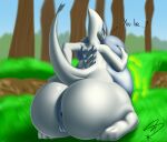 absurd_res after_vore anthro anus aqua_(unknownincognitoguy) belly big_belly big_breasts big_butt breasts butt female female/female forest_background generation_2_pokemon genitals happy happy_pred hi_res legendary_pokemon looking_at_viewer lugia nintendo pokemon pokemon_(species) solo starstrikex sun tail vore vulva