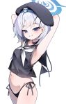  1girl absurdres armpit_focus armpits arms_behind_head beret bikini black_bikini black_choker black_hat black_sailor_collar black_serafuku blue_archive blue_halo choker commentary halo hat highleg highleg_bikini highres holding holding_swimsuit holding_unworn_clothes looking_at_viewer neckerchief no_pants sailor sailor_collar school_uniform serafuku shok_(shovelkun) side-tie_bikini_bottom simple_background smile solo sumika_(blue_archive) swimsuit unworn_bikini_top unworn_swimsuit white_background white_neckerchief 
