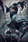  1other absurdres au_ra black_hair black_horns black_scales boots dragon_horns final_fantasy final_fantasy_xiv floating floating_object floating_weapon flower gloves hair_flower hair_ornament high_ponytail highres horns izumi_tol_amulius japanese_clothes kabuto_(kabuto17101) kimono long_hair looking_at_viewer open_mouth original ponytail reaching reaching_towards_viewer red_eyes rooftop scales smile tail weapon yukata 