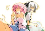  asoka back-to-back bare_shoulders blue_eyes blush hairband japanese_clothes konpaku_youmu konpaku_youmu_(ghost) multiple_girls off_shoulder pink_hair saigyouji_yuyuko short_hair silver_hair touhou 