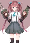 1girl arm_warmers asagumo_(kancolle) ascot bad_id bad_twitter_id black_thighhighs blue_ascot blue_bow blush bow brown_hair commentary grey_eyes grey_skirt kantai_collection laplusvv_(la+) light_smile long_hair looking_at_viewer pleated_skirt rigging shirt short_sleeves simple_background skirt solo suspender_skirt suspenders thighhighs twintails two-tone_background white_shirt 