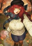  1girl autumn autumn_leaves bag black_bag black_hat boots breasts brown_boots commentary cup curvy denim english_commentary eyelashes falling_leaves feet_out_of_frame flat_cap green_eyes hand_up hat head_tilt highres holding holding_cup jeans jewelry ksooupart large_breasts leaf light_smile lipstick long_hair looking_at_viewer makeup necklace original outdoors pants plaid_clothes plaid_scarf red_hair red_lips red_nails scar scarf selfie shoulder_bag sweater thick_thighs thigh_boots thighs thighs_together tight_clothes tight_pants tree very_long_hair 