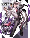  1boy absurdres amaguni_hitoya belt black_belt black_pants commentary_request cropped_legs crossover english_text galarian_linoone highres holding holding_poke_ball hypnosis_mic long_sleeves luxury_ball male_focus mtkg_05 necktie pants poke_ball pokemon pokemon_(creature) pompadour red_necktie split-color_clothes squawkabilly squawkabilly_(white) varoom 