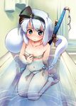  barefoot bath bathing bathroom bathtub bikini black_hairband blue_eyes blush hairband highres katana kneeling konpaku_youmu konpaku_youmu_(ghost) micro_bikini nanaroku_(fortress76) navel short_hair side-tie_bikini silver_hair solo swimsuit sword touhou untied water weapon 