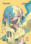  1girl absurdres aqua_hair bandeau battery_indicator black_hair black_mask blonde_hair blush canari_(pokemon) commentary cropped_jacket dark-skinned_female dark_skin eyelashes highres index_finger_raised jacket long_sleeves looking_at_viewer mask mouth_mask multicolored_hair open_clothes open_jacket pokemon pokemon_legends:_z-a recording short_hair sleeves_past_wrists soba_magatami solo split-color_hair twintails two-tone_mask viewfinder yellow_background yellow_bandeau yellow_jacket yellow_mask 