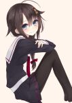  1girl ahoge bad_id bad_twitter_id black_pantyhose black_skirt blue_eyes blush braid breasts brown_hair commentary_request crossed_arms from_side hair_between_eyes hair_flaps hair_ornament hair_over_shoulder hair_ribbon kantai_collection laplusvv_(la+) long_sleeves neckerchief pantyhose pleated_skirt red_ribbon ribbon sailor_collar school_uniform serafuku shigure_(kancolle) shigure_kai_ni_(kancolle) simple_background single_braid sitting skirt small_breasts solo white_sailor_collar 