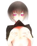  bad_id bad_pixiv_id breasts brown_hair colorized covering covering_breasts derivative_work highres koto_suomi large_breasts looking_at_viewer mouth_hold no_bra original pink_eyes shirt_lift short_hair solo upper_body 