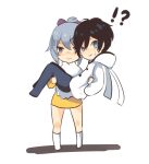  !? 1boy 1girl animal_hood black_hair cape carrying chibi chibi_only commentary_request devil_survivor_(series) devil_survivor_2 full_body hood hoodie hotsuin_miyako looking_at_viewer megami_tensei mitu-yuki princess_carry protagonist_(devil_survivor_2) rabbit_hood reverse_princess_carry short_hair simple_background smile white_background white_cape white_hoodie 