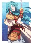 1girl absurdres aqua_eyes aqua_hair armor blue_eyes blue_hair breastplate breasts cape closed_mouth earrings eirika_(fire_emblem) fire_emblem fire_emblem:_the_sacred_stones gloves highres holding holding_sword holding_weapon jewelry long_hair miniskirt rapier red_gloves shou_illust shoulder_armor skirt solo sword weapon white_cape white_skirt 