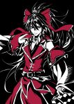  1girl absurdres alternate_costume artist_request ascot belt black_belt black_hair bow chinese_commentary closed_mouth coat commentary_request commission frilled_bow frills gohei hair_bow hair_tubes hakurei_reimu highres holding holding_gohei koumajou_densetsu long_hair looking_at_viewer red_bow red_coat red_eyes red_skirt second-party_source skirt sleeveless sleeveless_coat solo touhou 