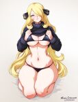  1girl artist_name black_coat blonde_hair blush bra breasts clothes_lift coat commentary cynthia_(pokemon) dated fur-trimmed_coat fur_collar fur_trim grey_eyes hair_ornament hair_over_one_eye highres kneeling large_breasts long_hair looking_at_viewer mina_cream navel panties pokemon pokemon_diamond/pearl/platinum solo underwear 
