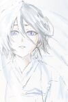  1girl absurdres black_hair bleach commentary hair_between_eyes highres japanese_clothes jcell kimono kuchiki_rukia long_bangs looking_at_viewer open_mouth purple_eyes short_hair sketch solo twitter_username untranslatable_commentary upper_body white_kimono 