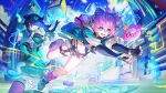  2girls absurdres ahoge aqua_jacket belt black_hair chinese_commentary commentary_request fingerless_gloves fur-trimmed_shorts fur_trim ghost_girl gloves green_eyes hair_over_one_eye headphones highres jacket lightning_ahoge linko_(nte) loose_socks midriff multiple_girls navel neverness_to_everness open_mouth pink_eyes pink_hair pink_nails pink_socks shoes short_shorts shorts sleeves_past_fingers sleeves_past_wrists socks tamagotchi_(virtual_pet) teeth thigh_belt thigh_strap virtual_pet_(toy) white_shoes xiaozhen_(nte) yezhusansansansan 